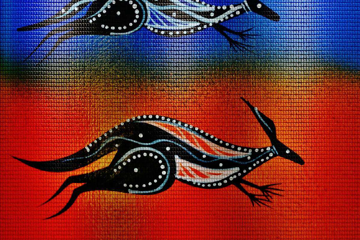 Indigenous painting of kangaroo on a colourful tile background
